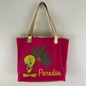 TWEETY Y2K Hot Pink Gold Terry Cloth Paradise Sequin Graphic Beach Tote Bag
